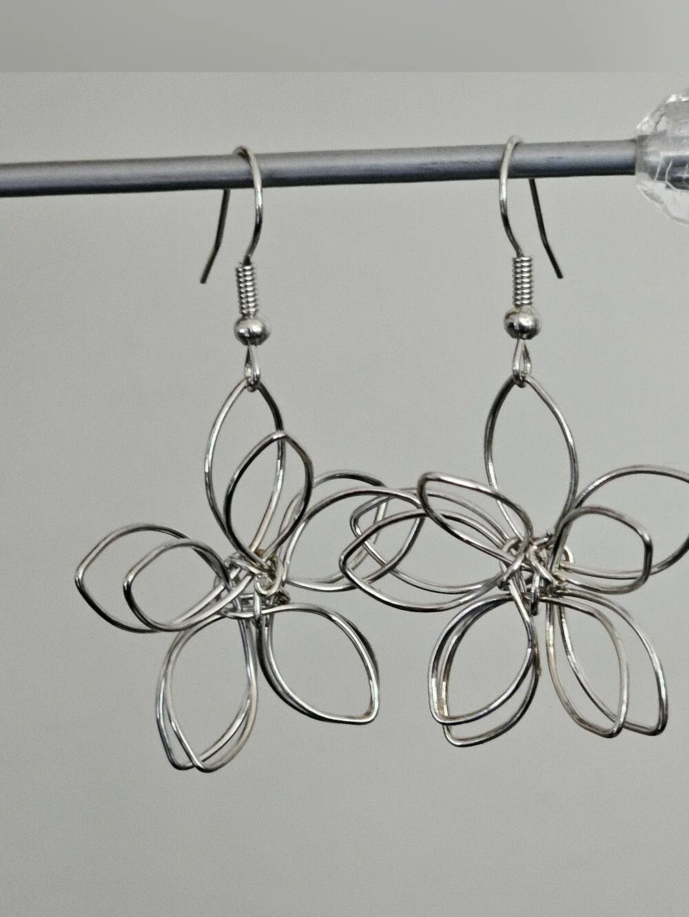 Silver Flower, 3D, Wire Drop Earrings, NWT